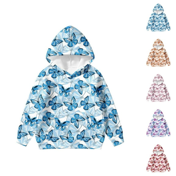Cute Hoodies for Girls Long Sleeve Butterfly Graphic Hooded Sweatshirt with Pockets Kids Girl Pullover Tops
