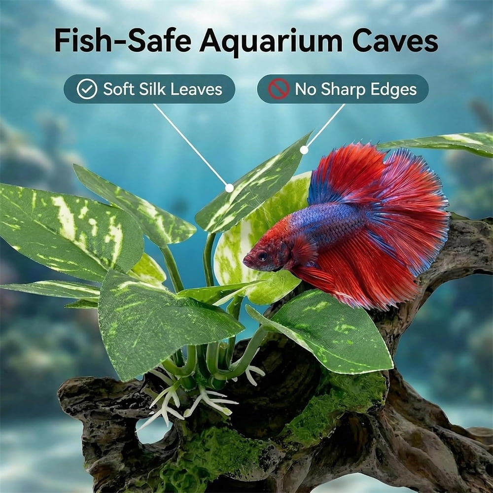 HXRH Fish Tank Decorations Aquarium Decor Ornaments Silk Aquarium Plants and Hollow Tree Trunk Decor for Betta Fish Tank Accessories