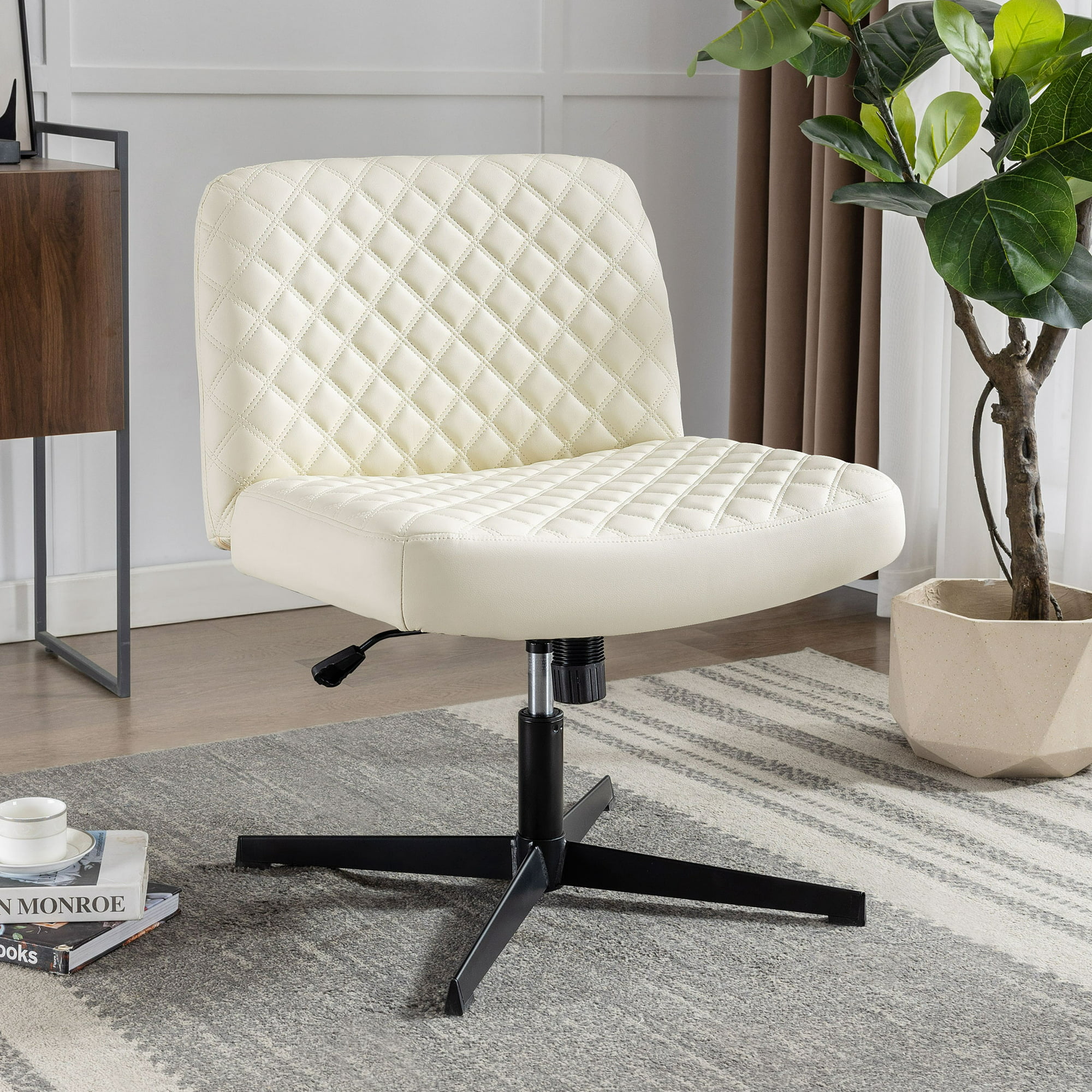 YaFiti Armless PU Leather Office Desk Chair, Cross Legged Home Office