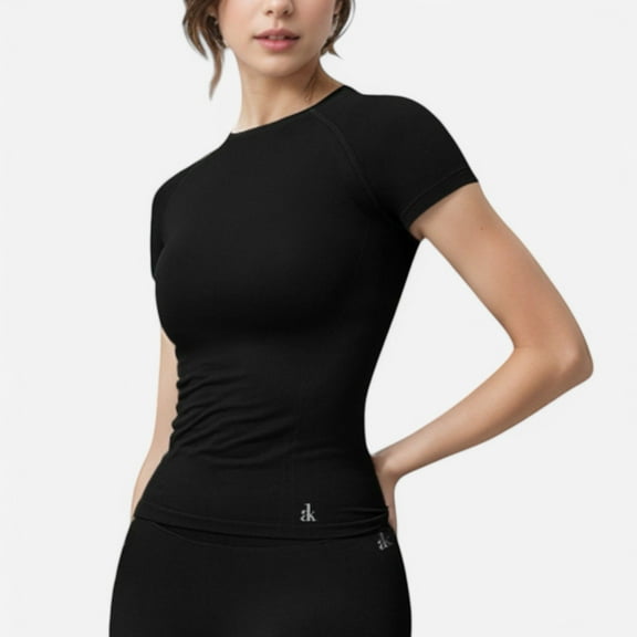 Active Women's Short Sleeve Seamless Fitted Tee with Crew Neck and Stretch Fabric - Medium, Black