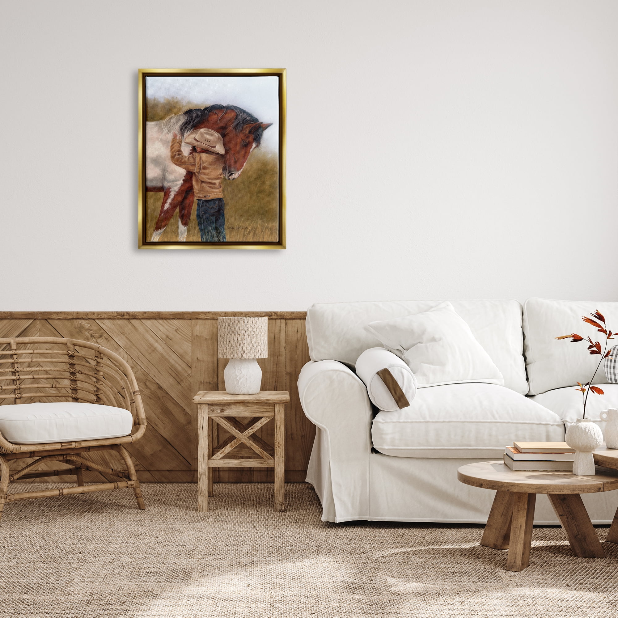 Stupell Industries Boy Hugging Horse Painting Animals & Insects Painting Gold Floater Framed Canvas Art Print Wall Art, 25 x 31
