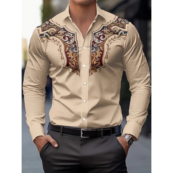 Men's fashion printed shirt, retro ethnic style casual button-down long-sleeved shirt, spring, summer and autumn men's clothing, men's tops are suitable for all seasons.
