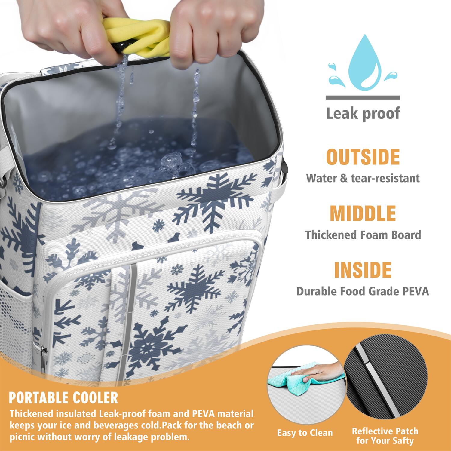 Travel Cooler Bag - Blue Christmas Snowflake Pattern Camping Beer Cooler Backpack with Bottle Opener- Waterproof Insulated Picnic Backpacks - Cooler Bag for Beach