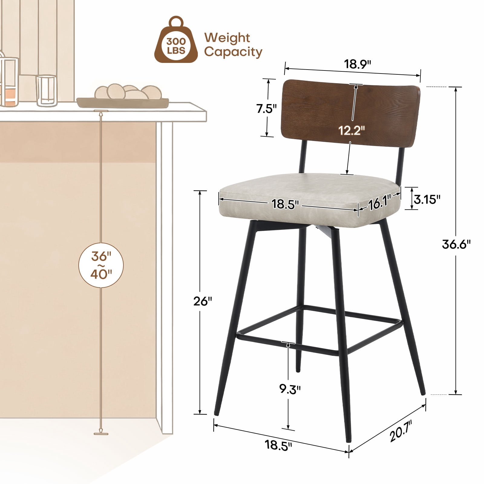ANMINY PU Swivel Bar Stools Set of 3, 26" Seat Height, Upholstered Faux Leather Island Counter Barstools w/ Wood Mid-Back Metal Legs Home Kitchen Stool, Griege