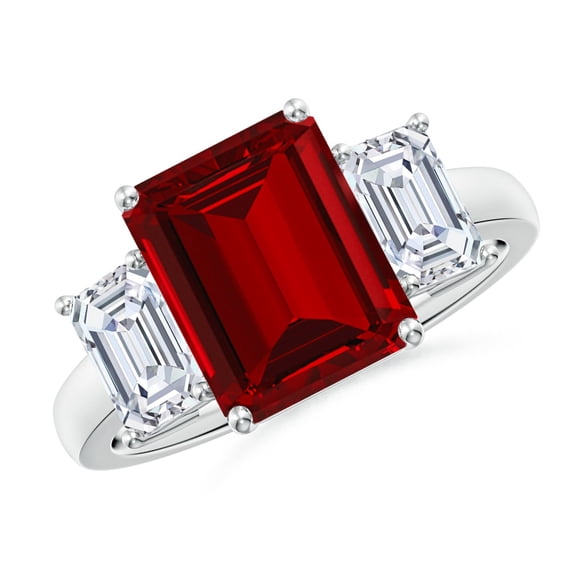 Angara Bague en Rubis de Laboratoire - Bague Trois Pierres en Platine pour Femme avec Rubis Taille Émeraude et Diamant de Laboratoire (Taille de Bague = 6)