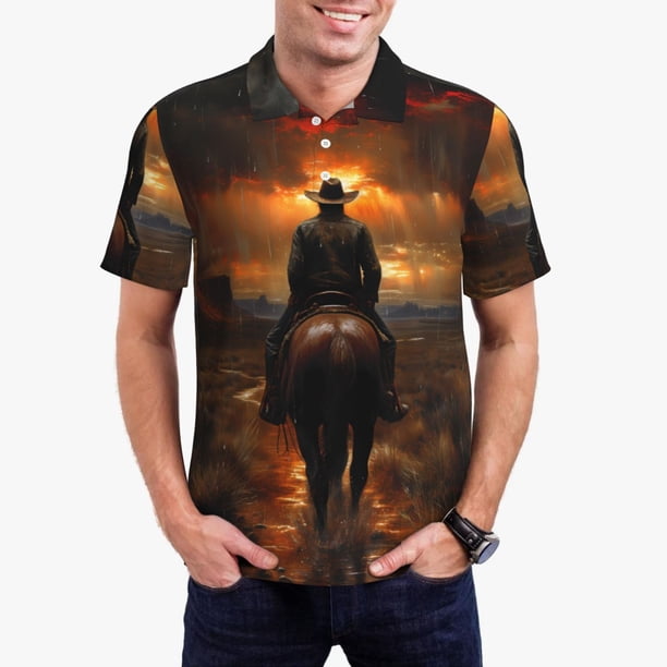 Balery Western Rainy Desert Cowboy Camisa Polo de Hombre con Estampado, de Manga Corta y Tejido Medio, Camisa Tipo Golf Polo-Small