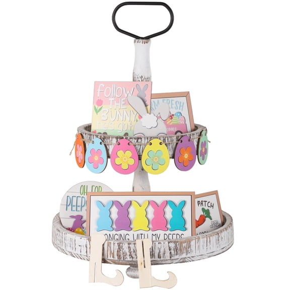 12 PCS Easter Tiered Tray Decor, Farmhouse Easter Wood Signs, Bunny and Easter Egg Decor for Easter Spring Party Celebrations