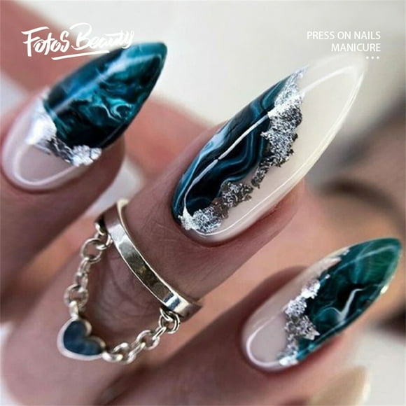 Fofosbeauty 24pcs Press on False Nails, Almond Acrylic Nails,Blue Smudge Glitter