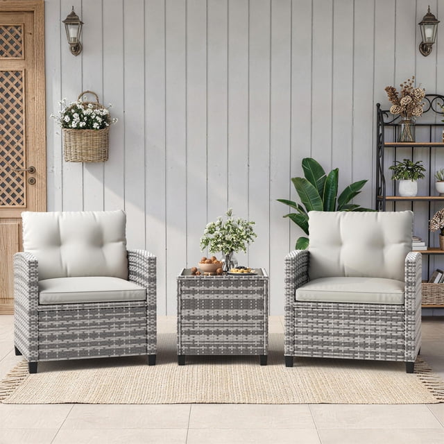 3 Piece Wicker Patio Bistro Set with Cushions and Glass Table, All Weather PE Rattan Outdoor Conversation Chairs for Balcony Backyard Porch, Brown Gray Gradient Blue Beige