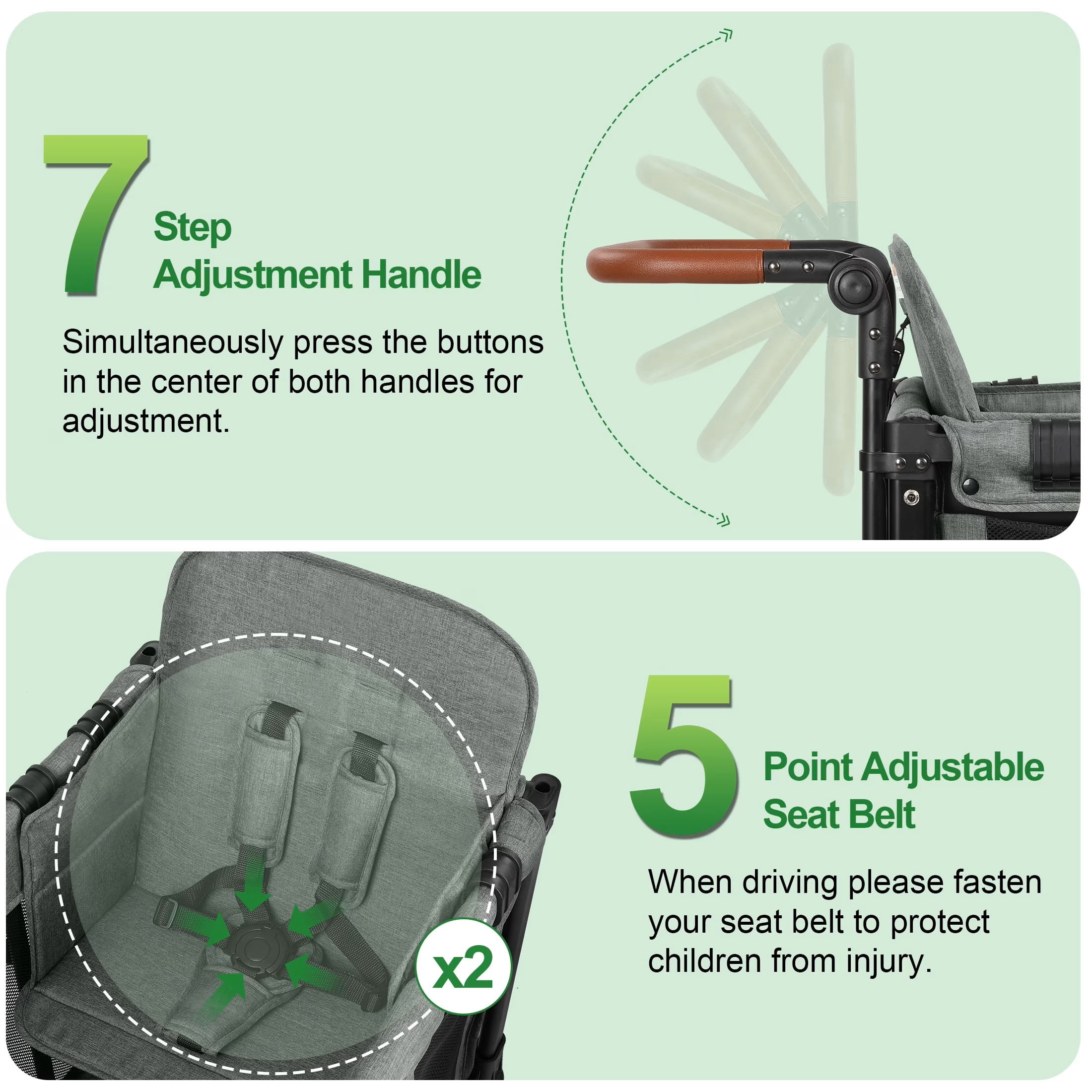 Vomeast Wagon Stroller for 2 Kids, 3-in-1 Outdoor Baby Stroller Wagon with Canopy, 5-Point Harness, Adjustable Handlebars, Removable Seat for Toddlers, Grey