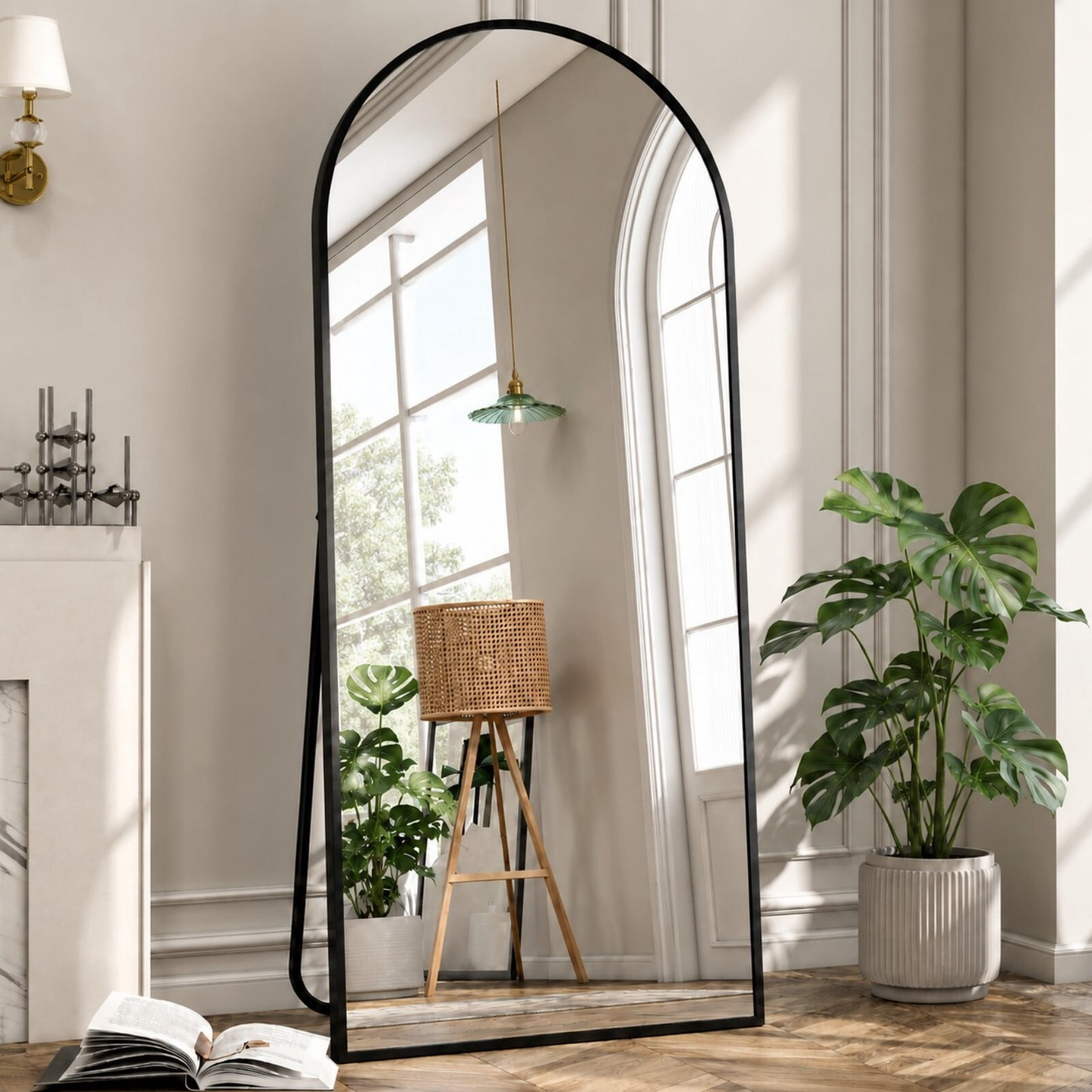 GRAHMCY 71" x 30.2" Arched Large Full Length Mirror Wall Mounted Floor Mirror with Stand, Black