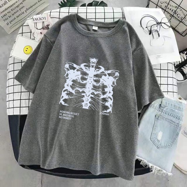 Dark Skull Bones Heart and Lung Print Fun Skull T-Shirt Unisex Streetwear Short Sleeve T-Shirtpangjing