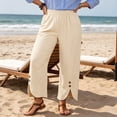 thumbnail image 7 of Thousandth Women's Cotton Linen Pants Casual Summer Elastic Waist Wide Leg Loose Fit Palazzo Pants Cropped Trousers with Button Decor and Slit Hem Daily Wear, 7 of 7