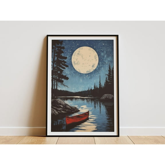 Voyageurs National Park Poster Minnesota Art Print Moonlit Scene Canoe Lake House Decor Cabin Wall Art Minimalist Landscape Nature Print - Poster Unframed