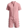 thumbnail image 4 of JAJAHO Mens Linen Shirt And Shorts Set Summer Short Sleeve Casual Breathable Comfortable Solid Color V Neck Shirts For Business Travel 2 Piece Cozy Outfit, 4 of 5