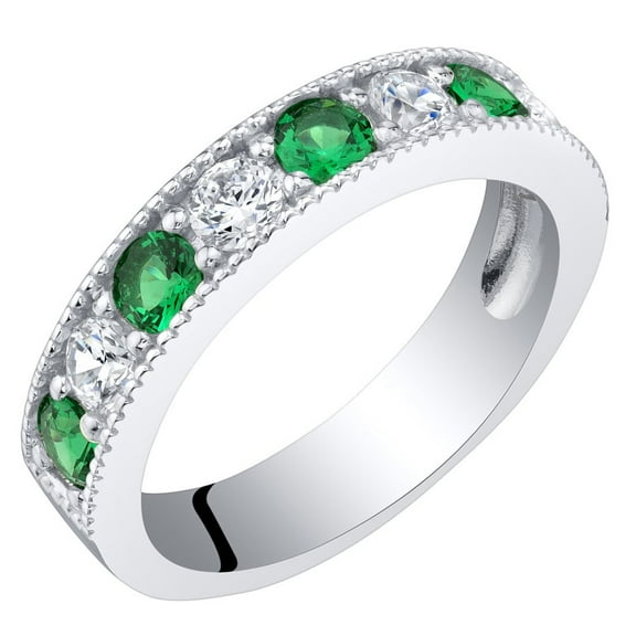 PEORA Simulated Emerald 4mm Milgrain Half-Eternity Anniversary Wedding Ring Band for Women 925 Sterling Silver, 0.50 Carat total Round Shape, Size 9