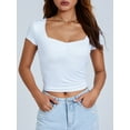 thumbnail image 5 of Douhoow Women's Slim Fit Crop Tops Casual Solid Color Low Cut Short Sleeve Tight Tee Shirt Basic Streetwear, 5 of 8