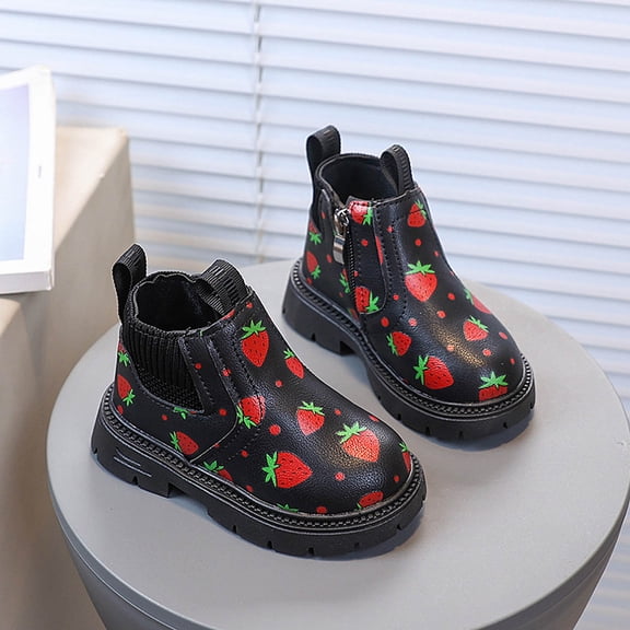 Girls Cute Ankle Boots Strawberry Printed Side Zipper Booties Kids Comfy Platform Non-Slip Short Boots Black 7 Toddler