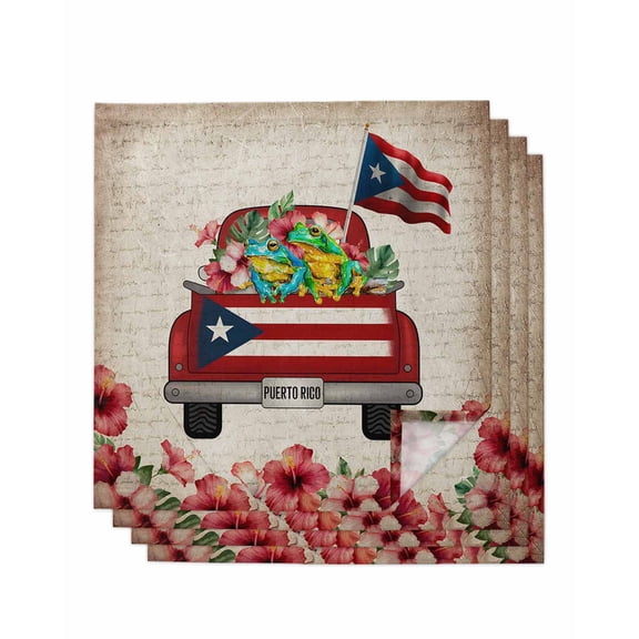 Puerto Rican Flag Cloth Napkins Set of 4 Reusable Dinner Napkins, Vintage Country Truck Flowers Beige Cocktail Napkin Washable Table Napkins for Wedding/Holiday Party/Baby Shower 20"x20"