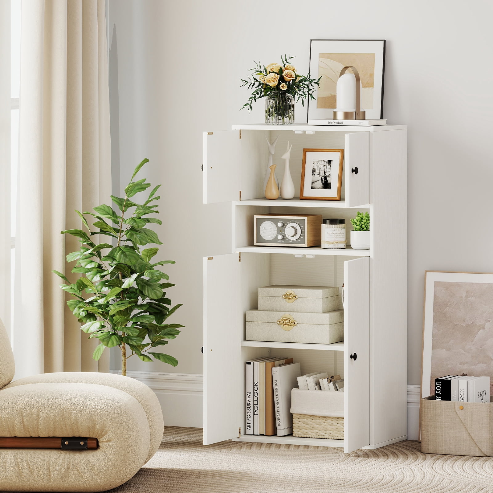 Gymax 44'' Tall Bookshelf w/Doors & Adjustable Shelf for Study Living Room Dining Room