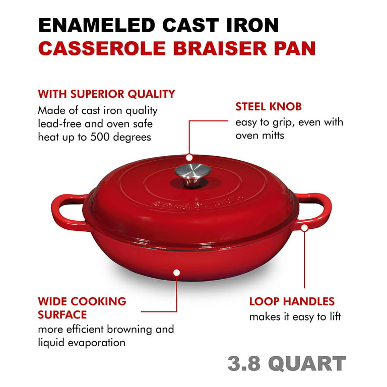 Bruntmor Enameled Nonstick Cast Iron Casserole Braiser Pan - 38-Quart  Kitchen