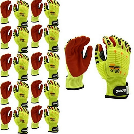 

10-Pack of Cordova 7749S Commander Impact 13-Gauge Work Gloves Hi-Vis HPPE/Glass/Steel Shell Soft TPR Protectors Red Sandy Nitrile Coating Hook & Loop Cut Level A7 Impact Level 1 Small