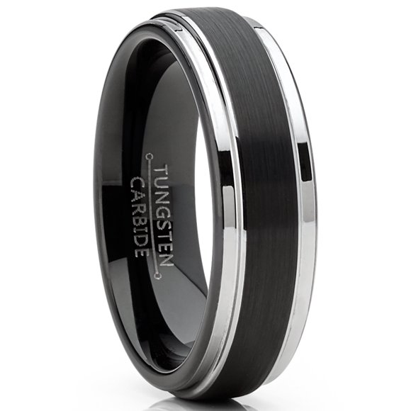 Mens Tungsten Wedding Band Black Ring Silvertone Comfort-Fit 6MM