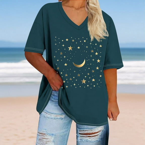 GaThRRgYP Summer Plus Size Short Sleeve Blouse - Women's Tops,Women's Oversized V-neck Short Sleeved Solid Summer Base Shirt Sports T-shirt Navy S