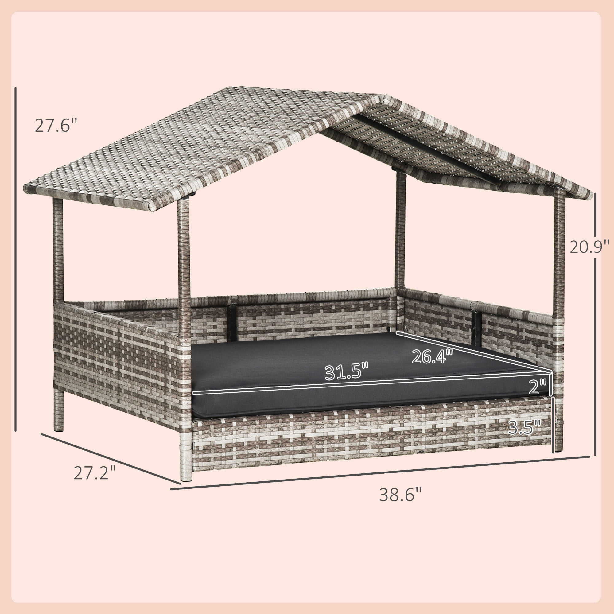 PawHut Wicker Dog House Elevated Raised Rattan Bed for Indoor/Outdoor with Removable Cushion Lounge, Charcoal Gray