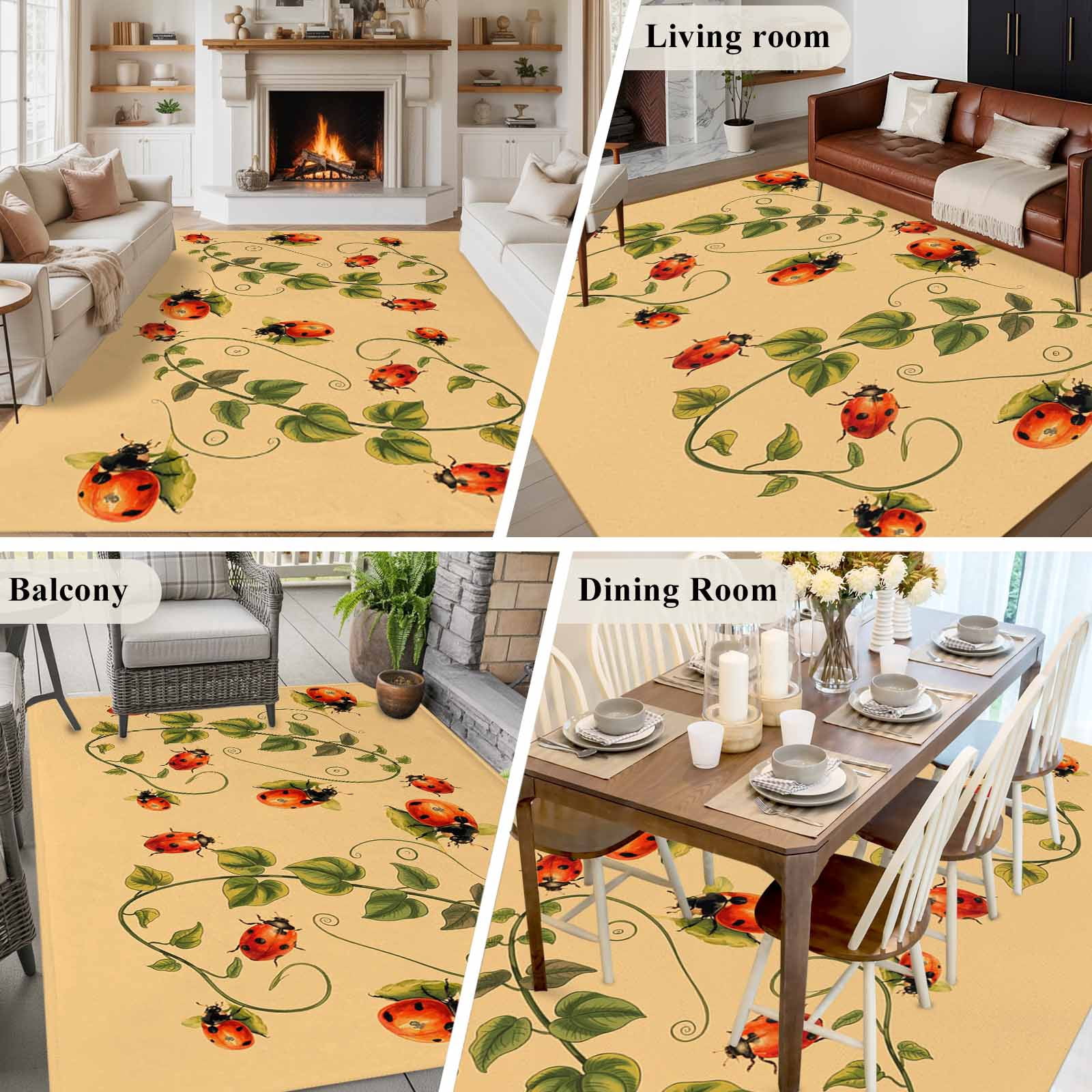 Ladybugs Eucalyptus Area Rugs 5'x7', Washable Small Throw Rugs for Laundry Room Playroom, Spring Botanical Leaves Yellow Indoor Outdoor Rug Non-Slip Low Pile Carpet Runner Reversible Floor Mats