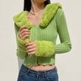thumbnail image 3 of Suéteres tipo cárdigan de moda urbana para mujer, con cuello con ribete de piel, estilo coreano, informal, recortado, de punto, 2020, 3 of 6