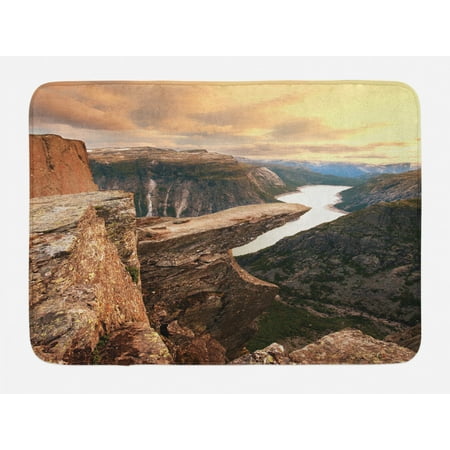 Mountain Bath Mat, Northern Mountains Canyon Landscape with Calm River in Norway Scenic Nature Tops, Non-Slip Plush Mat Bathroom Kitchen Laundry Room Decor, 29.5 X 17.5 Inches, Brown Green, Ambesonne