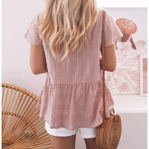 Blusa holgada con dobladillo con volantes, blusas de manga corta con escote en V y color puro para mujer, blusas babydoll diseñadas para durar
