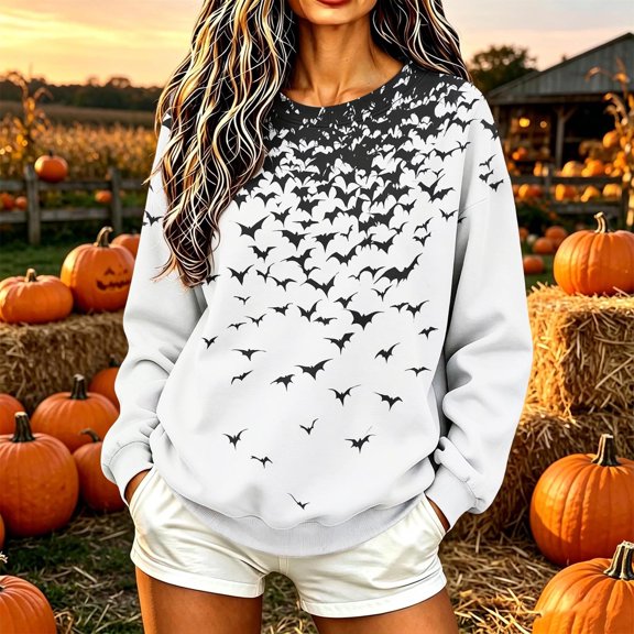 FNFYFH Halloween Sweatshirts Women Long Sleeve Graphic Halloween Shirts Casual Pullover Top