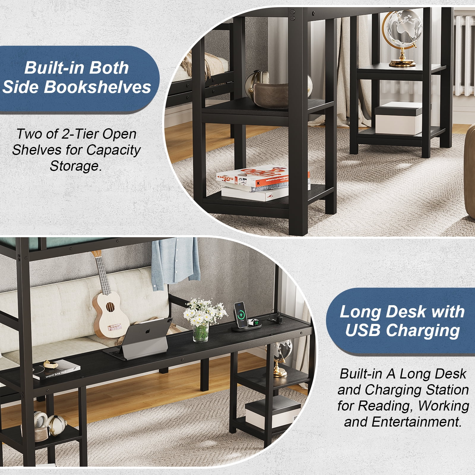Mintazer Queen Over Twin XL Metal Bunk Bed with Desk and Shelves Built-in LED & USB Charging Ports, 2 in 1 Folding Sofa Bed for Kids Teens, Black