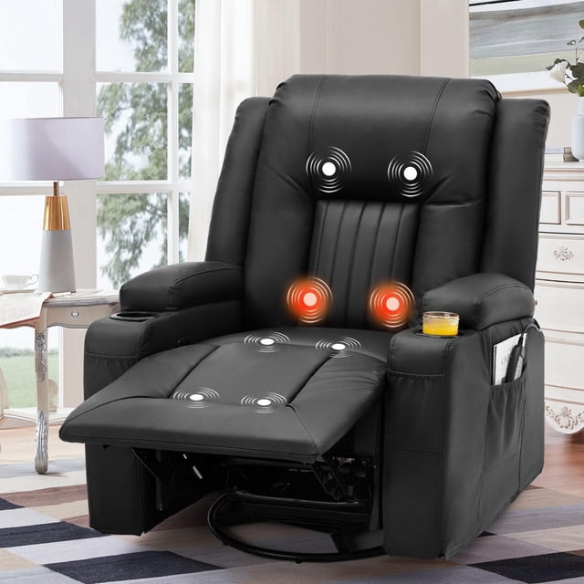 AECOJOY Fauteuil Inclinable Manuel avec Fonction de Thermothérapie, Fauteuil à Mécanisme d'Inclinaison Robuste, Fauteuil Berçant Simple pour Aînés avec Porte-Gobelets pour Chambre et Cinéma Maison, Noir