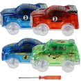 thumbnail image 1 of HLONK 4Pcs Tracks Cars Replacement Only ，Light Up Car Model Toy，with 5 LED Light  Battery Powered，Compatible with Most Tracks for Toddlers Aged 3+，Fun Gift for Kids, 1 of 7