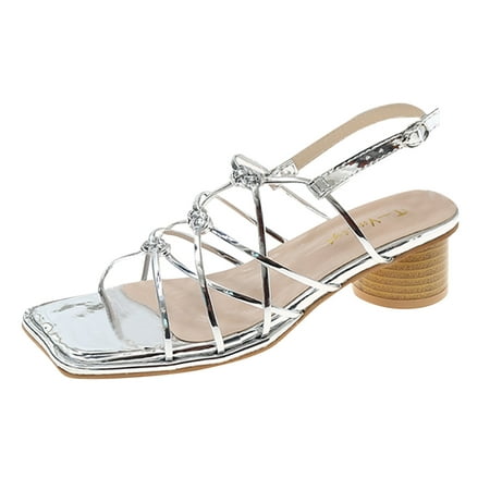 

nsendm Tie up Sandals for Women Fashion Summer Women Sandals Buckle Solid Color Knotted Platform Sandals Women Wedge Silver 7.5