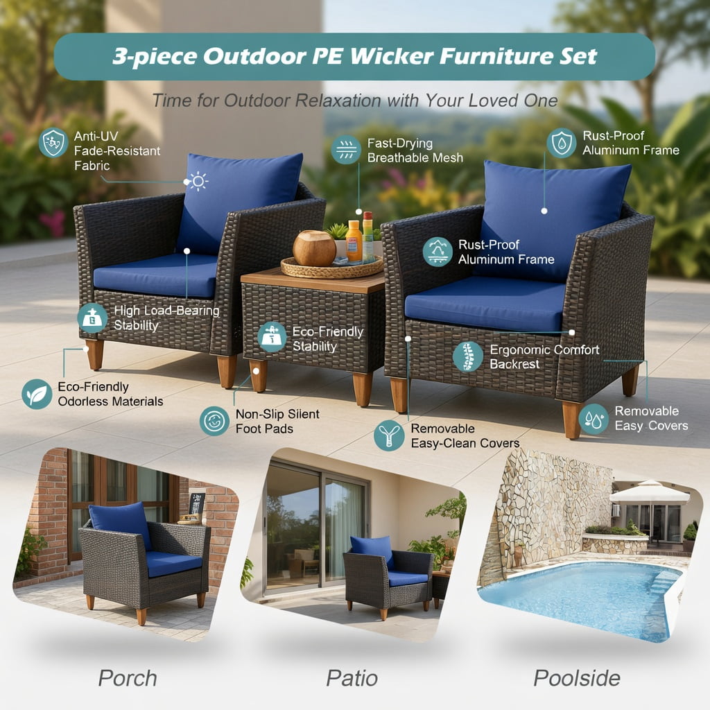 Hommoo 3-Piece Outdoor Rattan Bistro Set, Acacia Wood Table & Steel Frame Patio Furniture for Backyard, Poolside & Garden, Navy