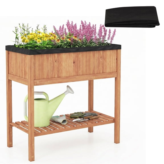 Gymax Wooden Raised Garden Bed w/ Legs Liner Storage Shelf Large Planter Box for Herb