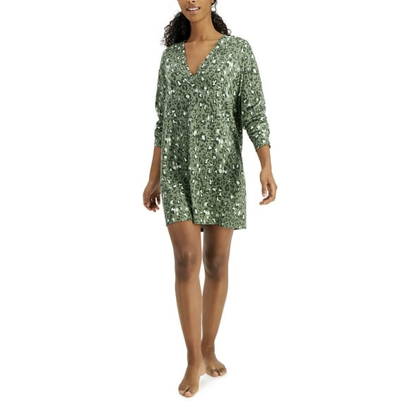 Jenni Women's Printed Long-Sleeve Sleep Shirt Leopard Green (Leopard Green, XS)