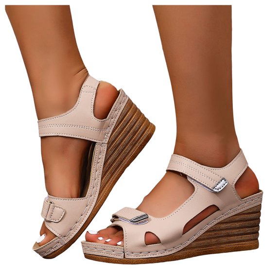 Rokment Platform Wedges Walking Sandals for Women Ladies Comfortable Fashion Casual Leather Fish Mouth Open Toe Chunky High Heels Ankle Strap Dressy Summer Shoes Beige Size 6.5