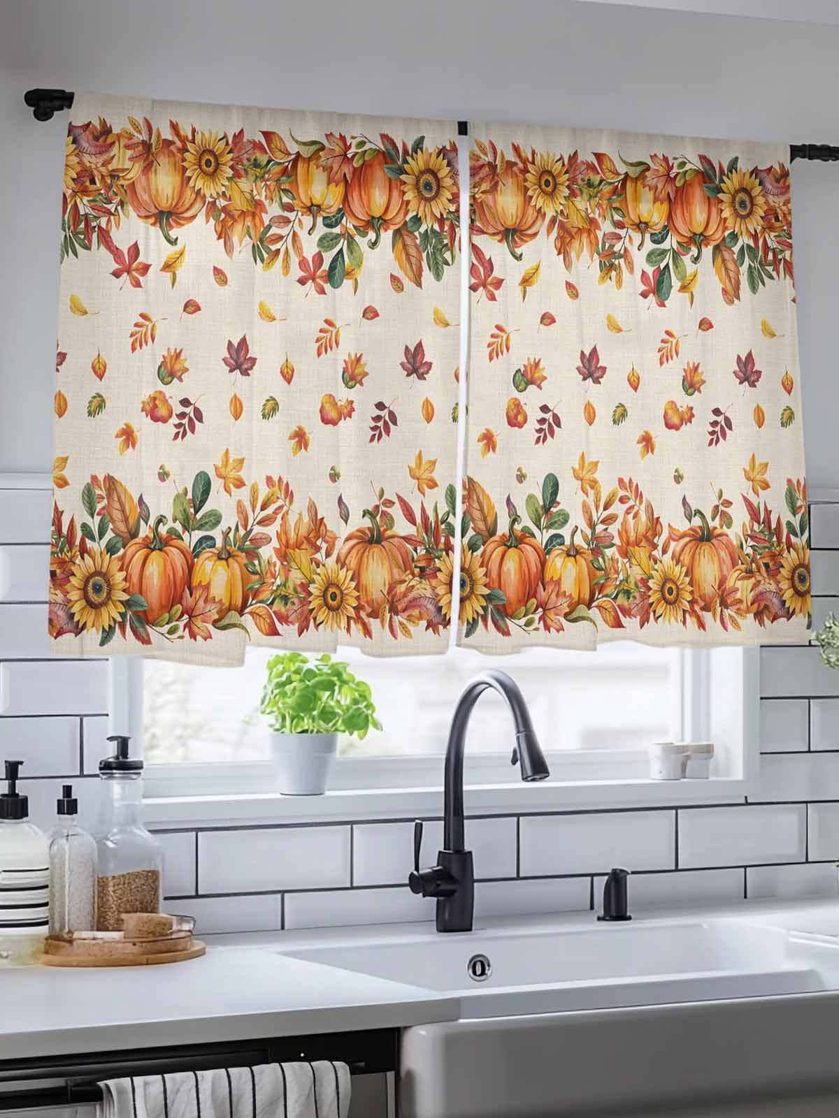 Sheer Curtains 54 inches Long 2 Panels Set Pumpkin Sunflower Fall Maple Leaf Thanksgiving Retro Linen Tiers Sheers Rod Pocket Small Window Short Curtains for Kitchen Cafe, Each 52" W x 54" L