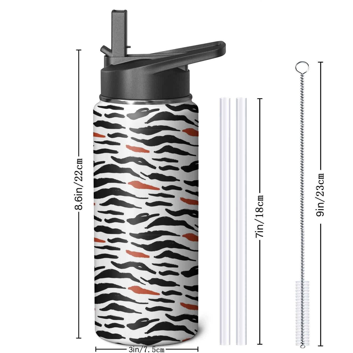 Leopard Print Insulated Stainless Steel Water Bottle with Straw & Cleaning Brush – 18 Oz | Leakproof, BPA-Free, 304 Stainless Steel, Wide Mouth, Travel Mug for Car, Gym, Office