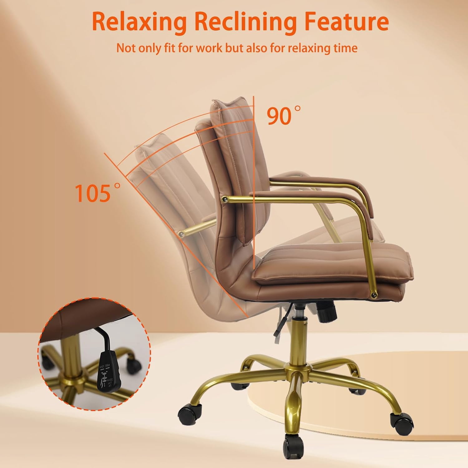 CLATINA Leather Home Office Desk Chairs, Swivel Mid-Back Computer Chair with Golden Legs and Arms, Comfy Upholstered Task Chair with Wheels, Brown