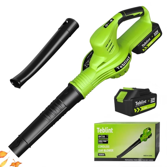 Teblint Cordless Leaf Blower, 150MPH 350 CFM 20V Electric Leaf Blower with 4.0Ah Battery & Charger, Battery Powered Leaf Blower for Snow Blowing, Lawn Care, Patio, Garden Cleaning(Green)