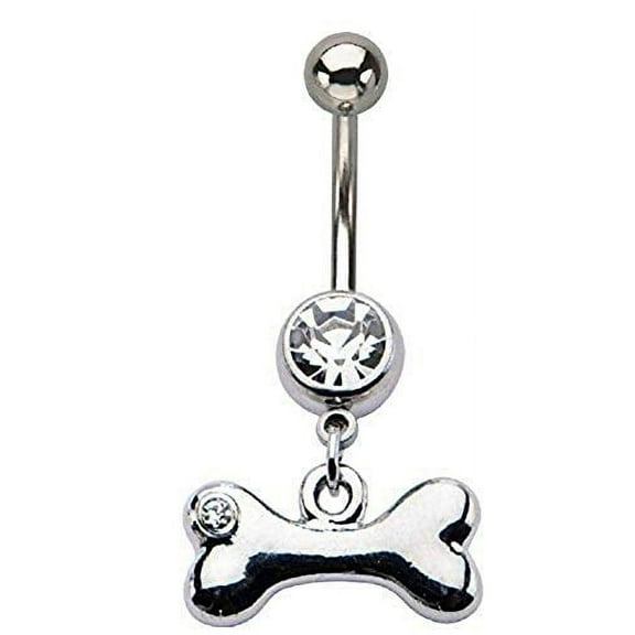 Belly Button Ring 14g 7/16's Navel with Clear Gem Dog Bone Dangle Charm