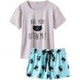 thumbnail image 1 of Pyjama d'Été pour Femmes 2 Pcs Mignon Chat, Gris, 1 of 5
