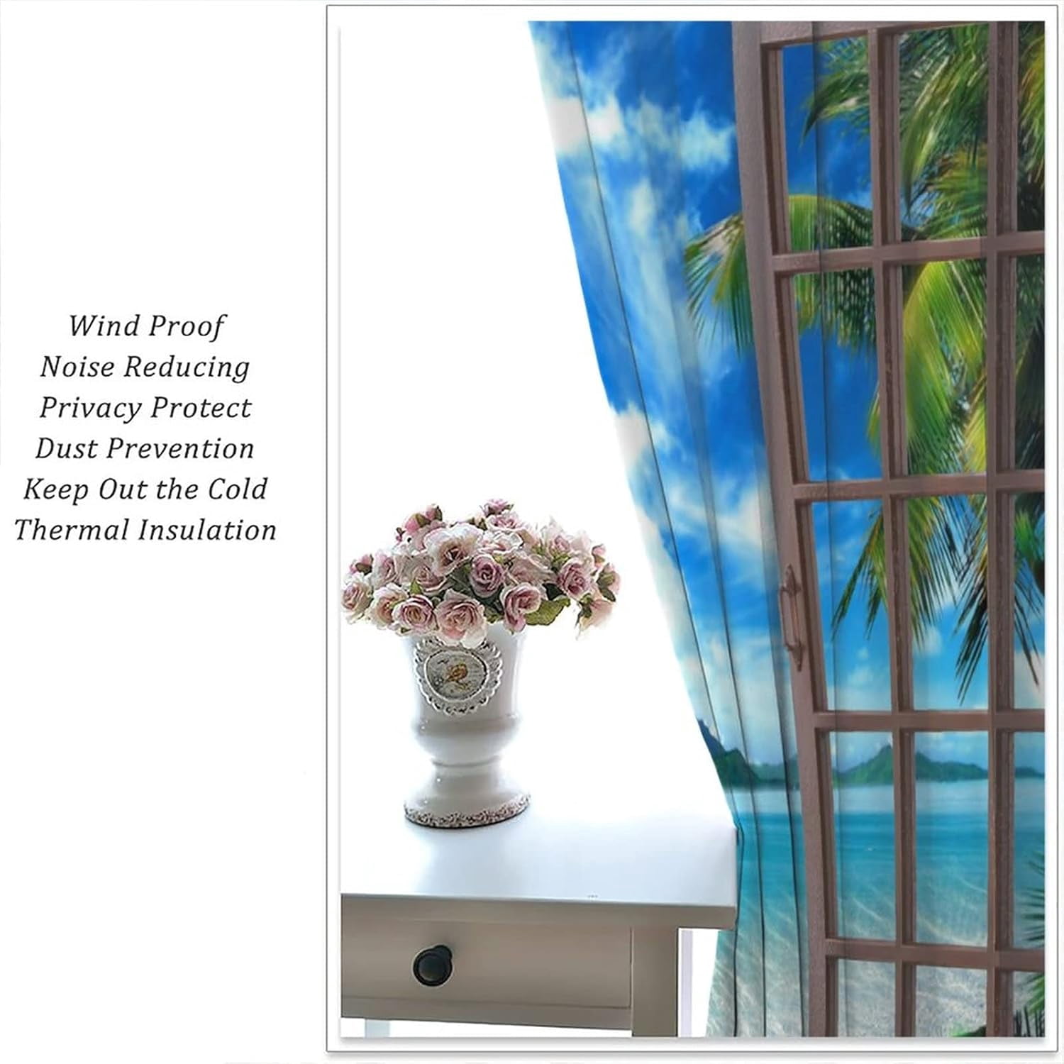 Landscape Blackout Curtains, Window Outside Summer Tropical Beach Island, for Bedroom Living Room, 2 Panel Set, 84x84 Inches, Style-1