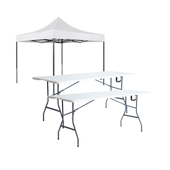 Combo Toldo Padua Blanco Impermeable 3x3 con Dos Mesas Plegables Blancas 1.8 metros Tipo Portafolio LOOMBER